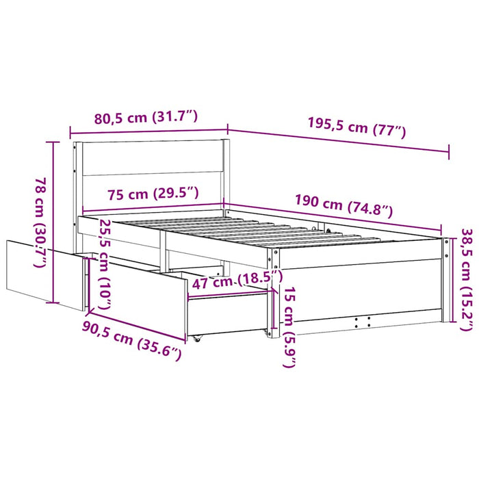Cadru pat fără saltea, maro ceruit, 75x190 cm, lemn masiv pin WALTI