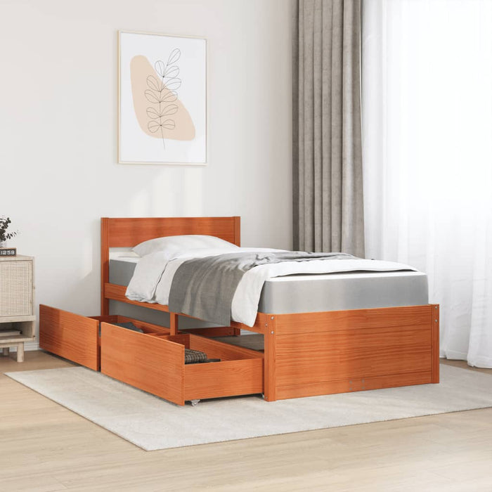 Pat cu sertare saltea, maro ceruit, 100x200 cm, lemn masiv pin - WALTI WALTI