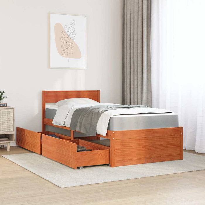 Pat cu sertare saltea, maro ceruit, 90x200 cm, lemn masiv pin - WALTI WALTI