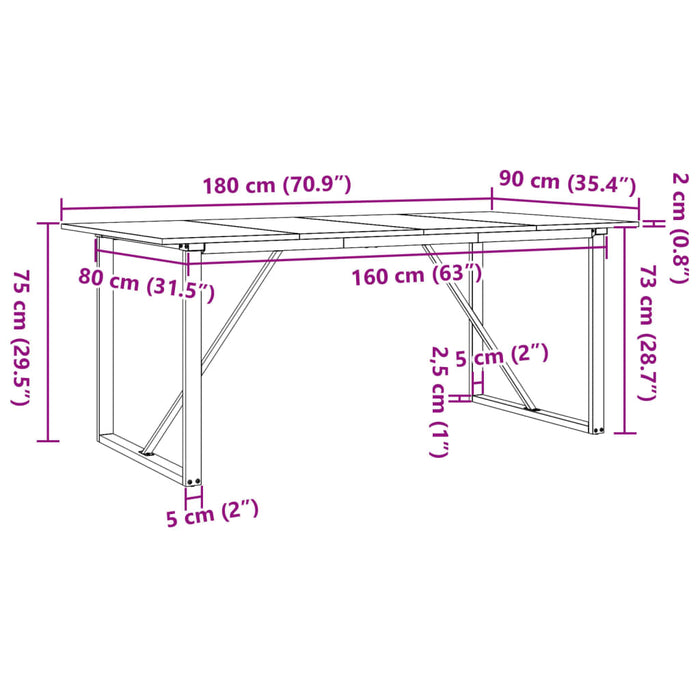 Masă de bucătărie, cadru O, 180x90x75cm lemn masiv pin și Oţel WALTI