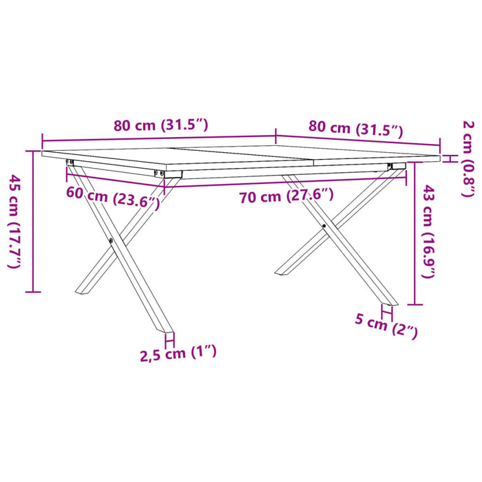 Masă de cafea, cadru X, 80x80x45 cm, lemn masiv pin și Oţel WALTI