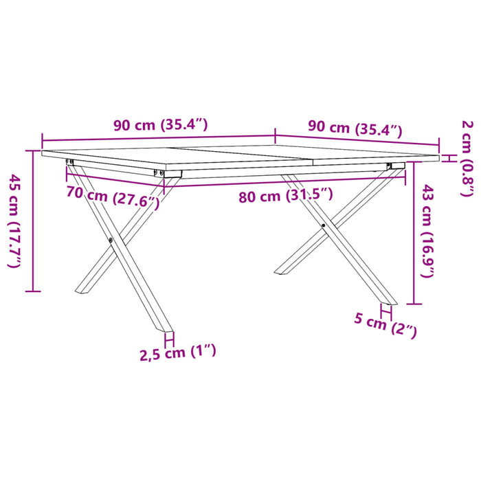 Masă de cafea, cadru X, 90x90x45 cm, lemn masiv pin și Oţel WALTI