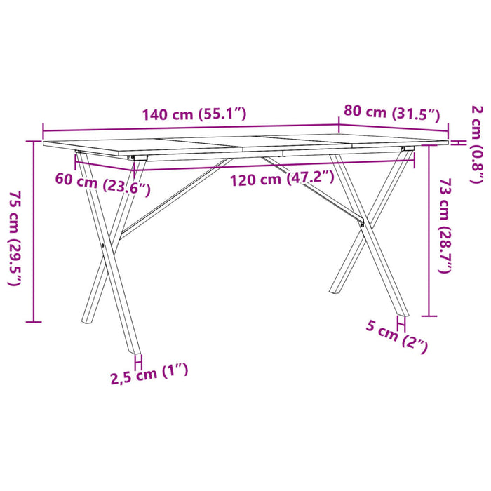 Masă de bucătărie, cadru X, 140x80x75cm lemn masiv pin și Oţel WALTI