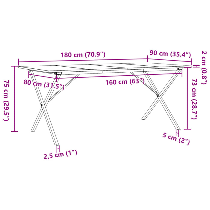 Masă de bucătărie, cadru X, 180x90x75cm lemn masiv pin și Oţel WALTI