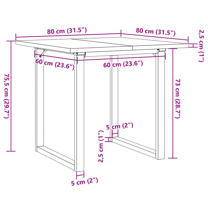 Masă bucătărie, cadru O, 80x80x75,5 cm lemn masiv pin și Oţel WALTI