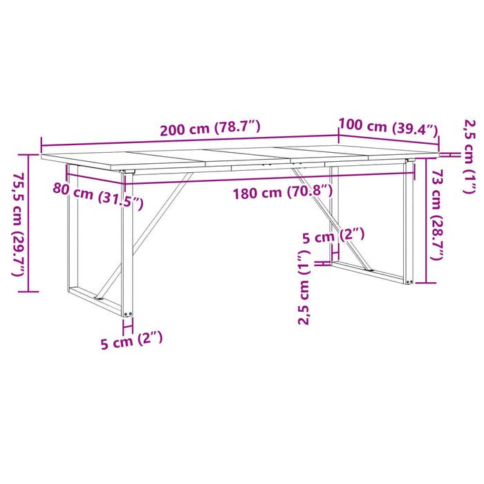 Masă bucătărie, cadru O, 200x100x75,5cm lemn masiv pin și Oţel - WALTI WALTI
