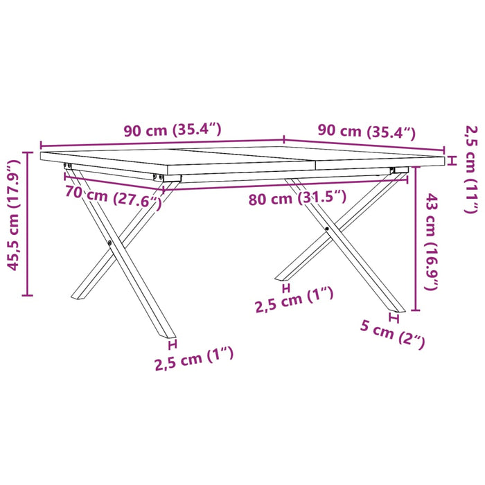 Masă de cafea, cadru X, 90x90x45,5 cm, lemn masiv pin și Oţel WALTI