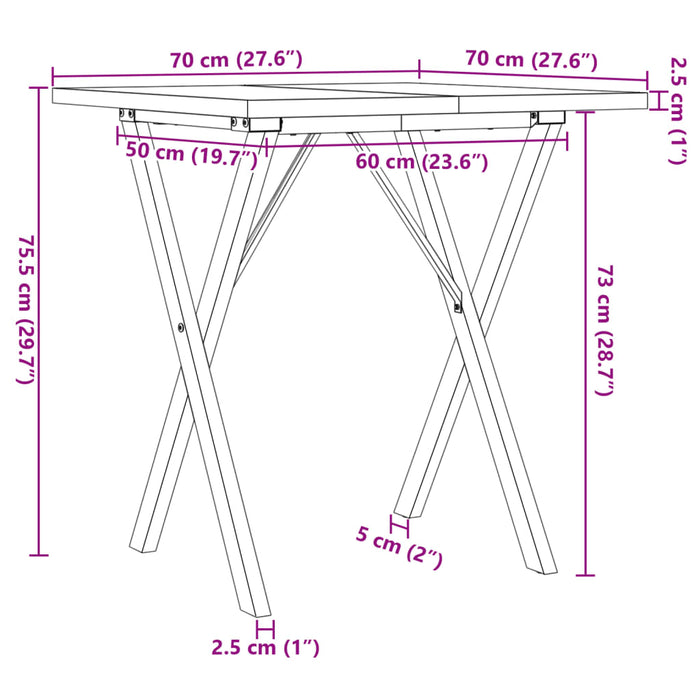 Masă bucătărie, cadru X, 70x70x75,5 cm lemn masiv pin și Oţel WALTI