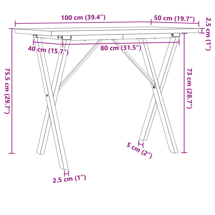 Masă bucătărie, cadru X, 100x50x75,5 cm lemn masiv pin și Oţel WALTI