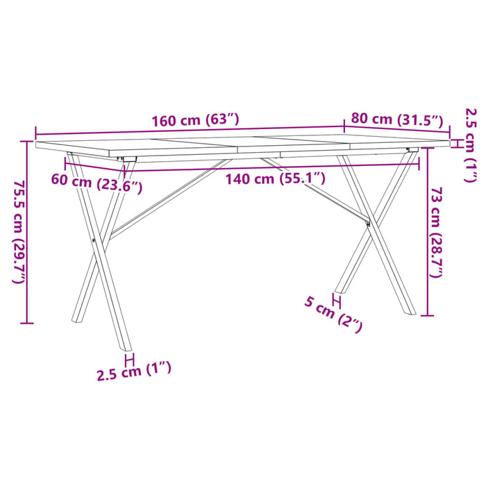 Masă bucătărie, cadru X, 160x80x75,5 cm lemn masiv pin și Oţel - WALTI WALTI