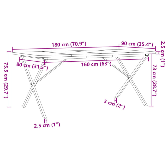 Masă bucătărie, cadru X, 180x90x75,5 cm lemn masiv pin și Oţel WALTI