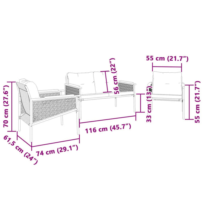 Set mobilier de balcon, 3 piese, cu perne, negru, oțel - WALTI WALTI