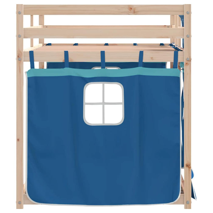 Pat supraetajat cu perdele, albastru, 90x200 cm, lemn masiv pin - WALTI WALTI