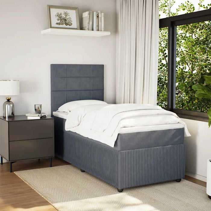 Pat box spring cu saltea, gri închis, 90x190 cm, catifea WALTI