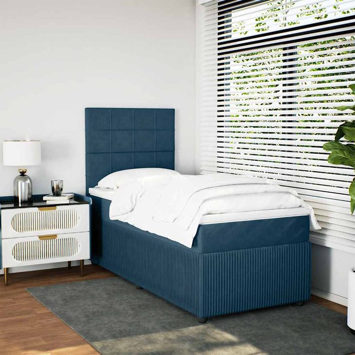 Pat box spring cu saltea, albastru închis, 90x190 cm, catifea WALTI