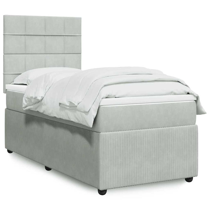 Pat box spring cu saltea, gri deschis, 90x200 cm, catifea WALTI