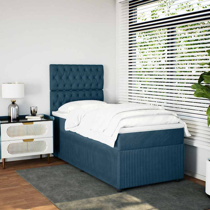 Pat box spring cu saltea, albastru închis, 90x200 cm, catifea WALTI