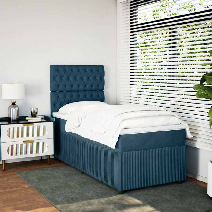 Pat box spring cu saltea, albastru, 90x200 cm, catifea WALTI