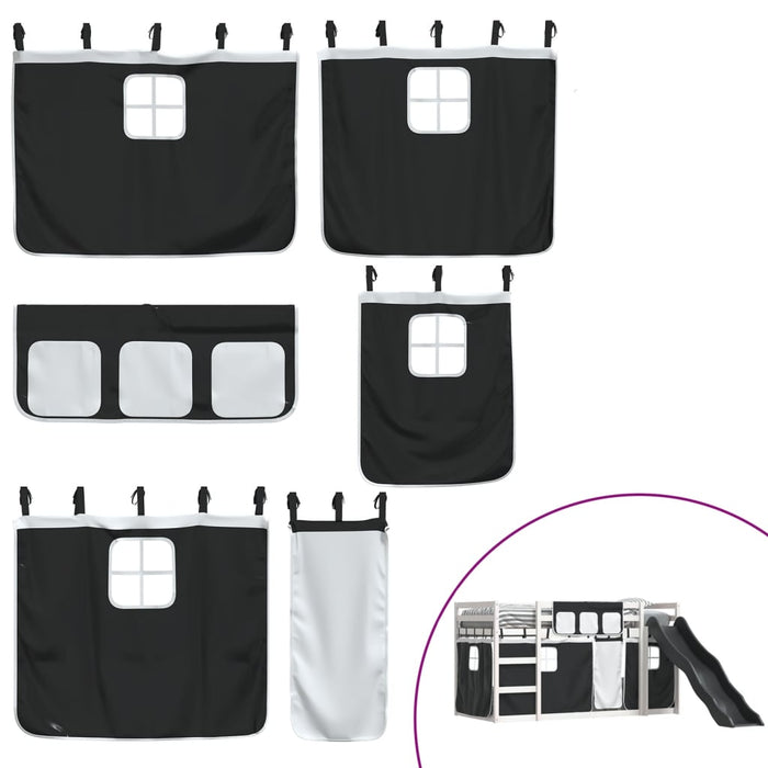 Pat supraetajat cu tobogan și perdele, alb și negru, 80x200 cm - WALTI WALTI