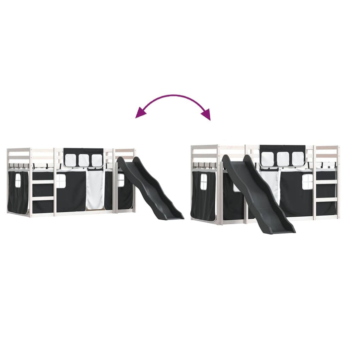 Pat supraetajat cu tobogan și perdele, alb și negru, 80x200 cm - WALTI WALTI