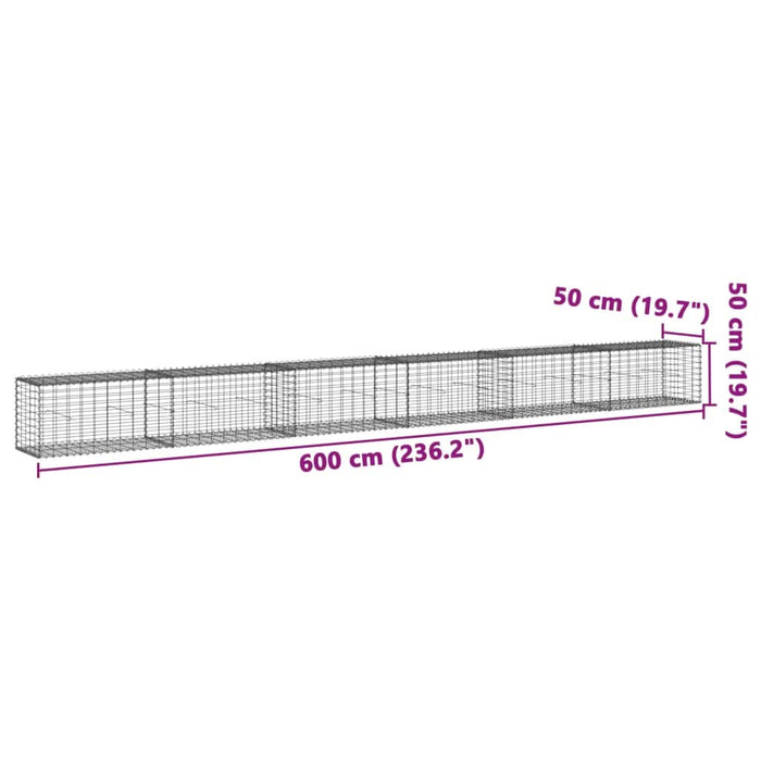 Coș gabion cu capac, argintiu, 600x50x50 cm, fier galvanizat - WALTI WALTI