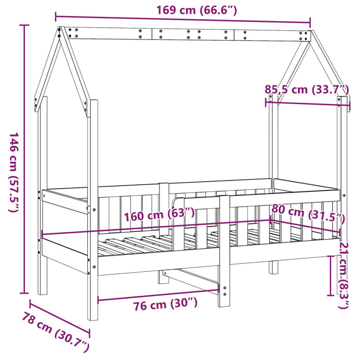 Cadru pat tip casă pentru copii, 80x160 cm, lemn masiv de pin - WALTI WALTI