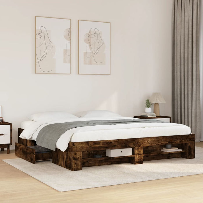 Cadru pat fără saltea Stejar afumat 200x200 cm Lemn prelucrat WALTI