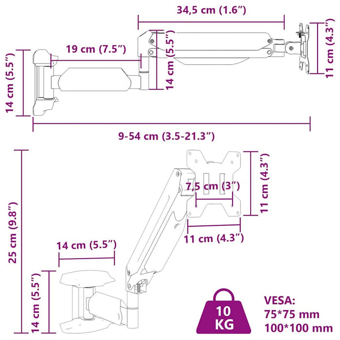Suport de perete monitor ecran max 27 inci cu arc de gaz 10 kg - WALTI WALTI
