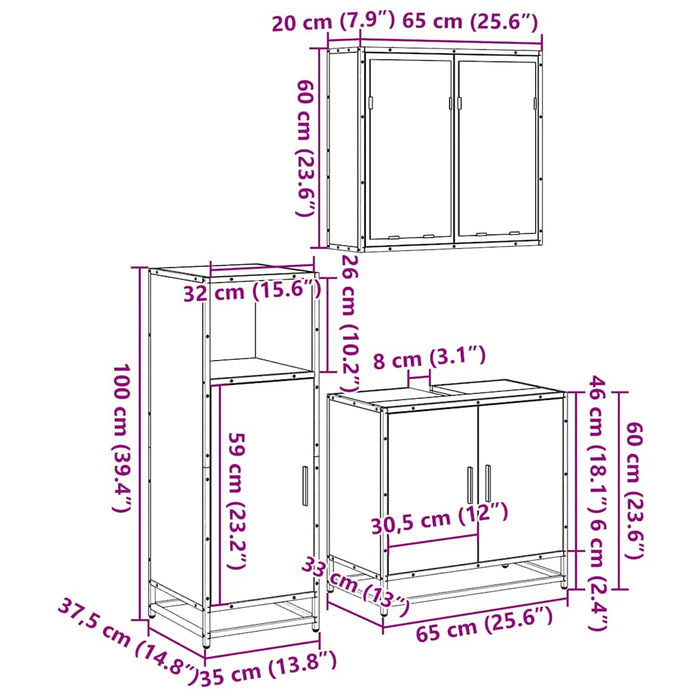 Set mobilier de baie, 3 piese, negru, lemn compozit WALTI