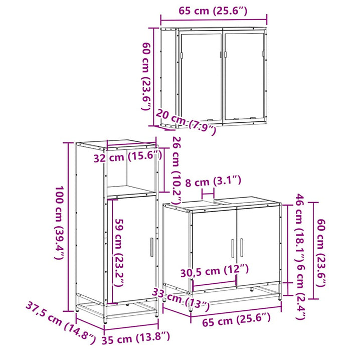 Set mobilier de baie, 3 piese, gri sonoma, lemn prelucrat WALTI