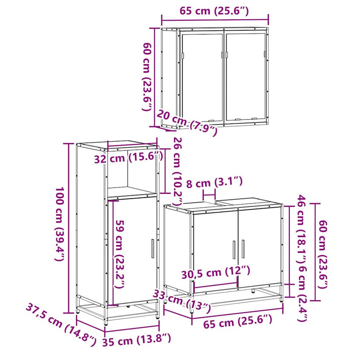 Set mobilier de baie, 3 piese, stejar maro, lemn prelucrat WALTI