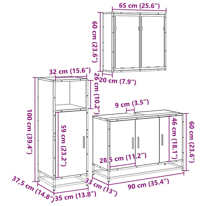 Set mobilier de baie, 3 piese, negru, lemn compozit WALTI