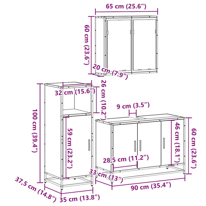 Set mobilier de baie, 3 piese, stejar sonoma, lemn prelucrat WALTI