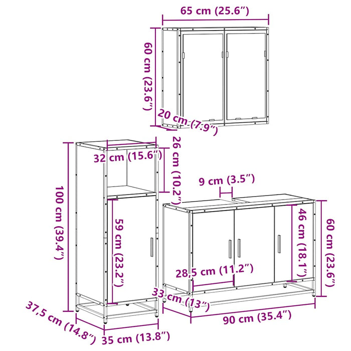 Set mobilier de baie, 3 piese, stejar fumuriu, lemn prelucrat WALTI