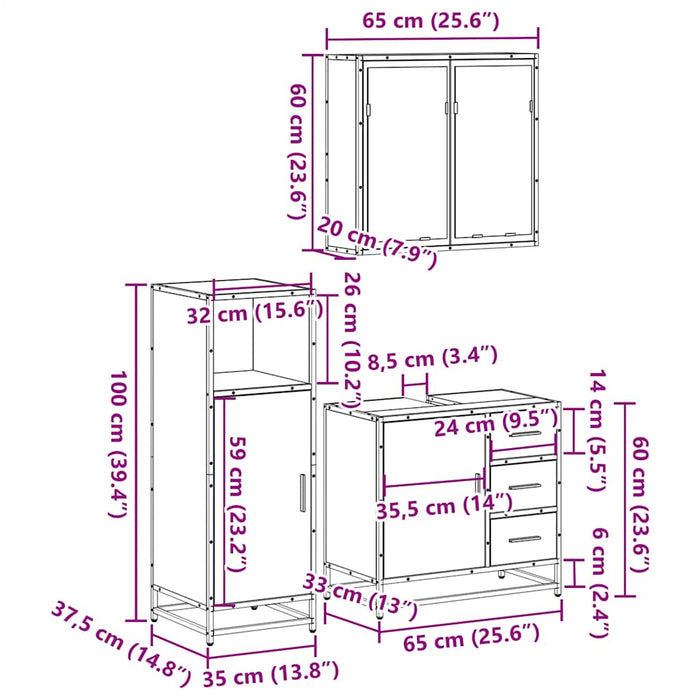 Set mobilier de baie, 3 piese, stejar sonoma, lemn prelucrat WALTI