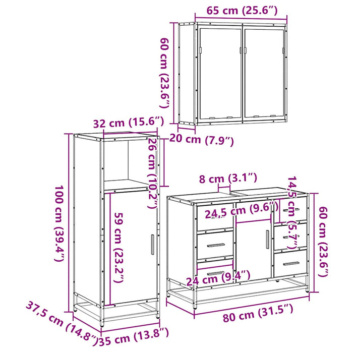 Set mobilier de baie, 3 piese, negru, lemn compozit WALTI