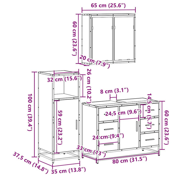 Set mobilier de baie, 3 piese, stejar sonoma, lemn prelucrat WALTI