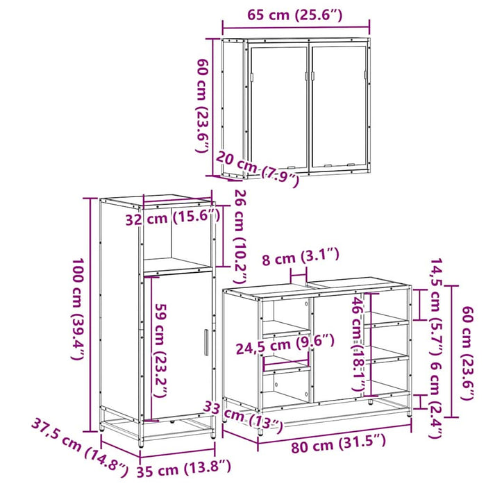 Set mobilier de baie, 3 piese, gri sonoma, lemn prelucrat - WALTI WALTI