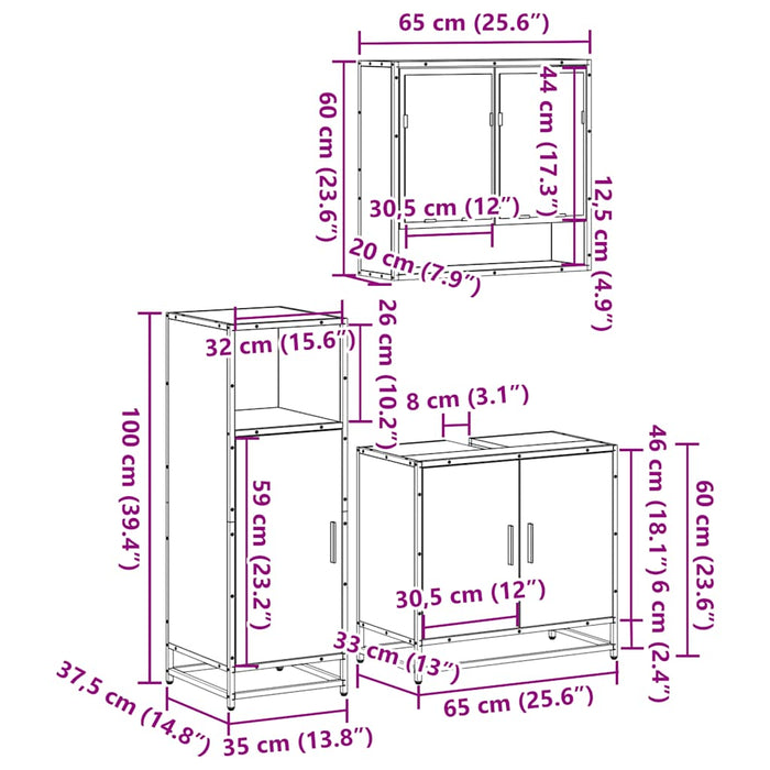 Set mobilier de baie, 3 piese, stejar sonoma, lemn prelucrat WALTI