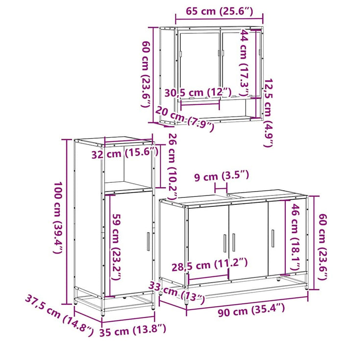 Set mobilier de baie, 3 piese, gri sonoma, lemn prelucrat - WALTI WALTI