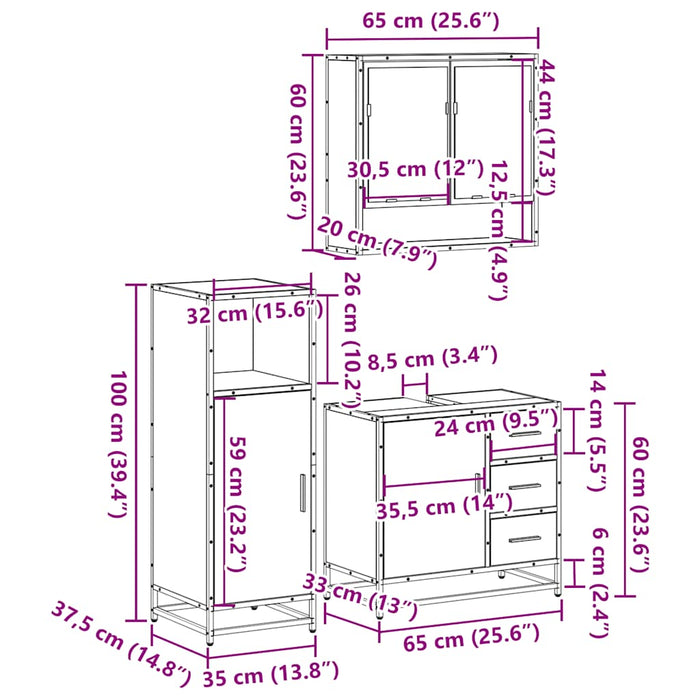 Set mobilier de baie, 3 piese, stejar sonoma, lemn prelucrat WALTI