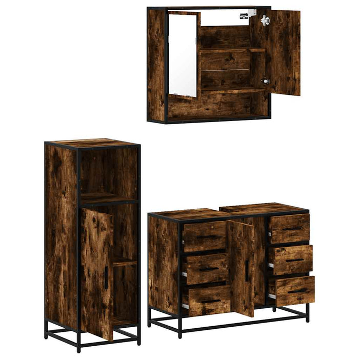 Set mobilier de baie, 3 piese, stejar fumuriu, lemn prelucrat - WALTI WALTI