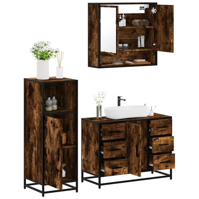 Set mobilier de baie, 3 piese, stejar fumuriu, lemn prelucrat - WALTI WALTI