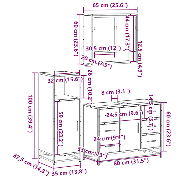 Set mobilier de baie, 3 piese, gri sonoma, lemn prelucrat WALTI