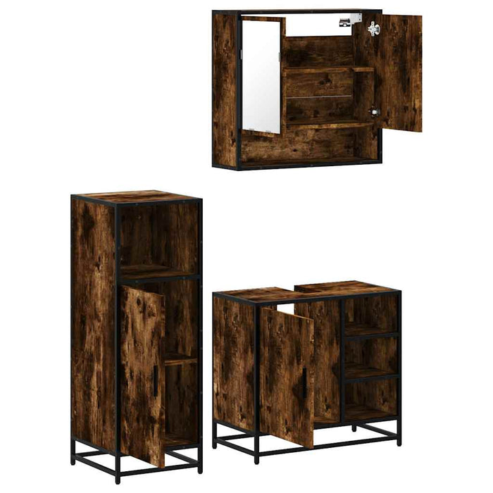 Set mobilier de baie, 3 piese, stejar fumuriu, lemn prelucrat - WALTI WALTI
