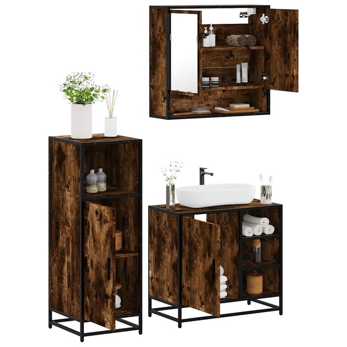 Set mobilier de baie, 3 piese, stejar fumuriu, lemn prelucrat - WALTI WALTI