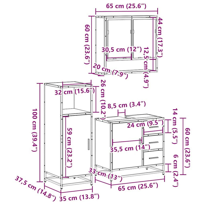 Set mobilier de baie, 3 piese, stejar maro, lemn prelucrat - WALTI WALTI