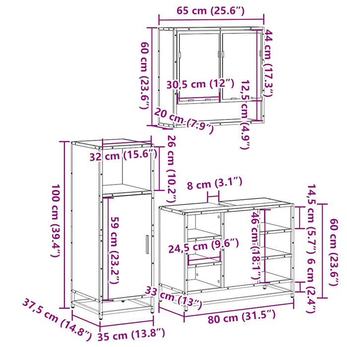 Set mobilier de baie, 3 piese, stejar sonoma, lemn prelucrat WALTI