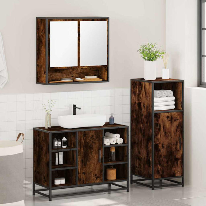 Set mobilier de baie, 3 piese, stejar fumuriu, lemn prelucrat - WALTI WALTI