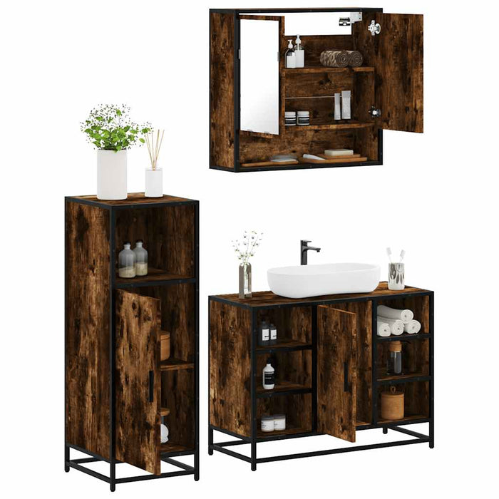 Set mobilier de baie, 3 piese, stejar fumuriu, lemn prelucrat - WALTI WALTI